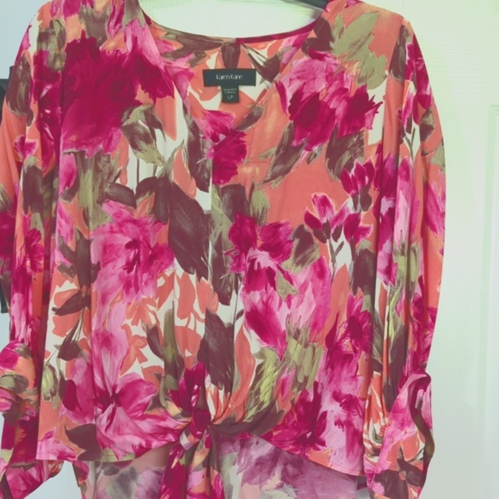 NWT Karen Kane Floral Pretty In Pink V-Neckline,Blouson Sleeves Top Large Petite - Picture 2 of 8